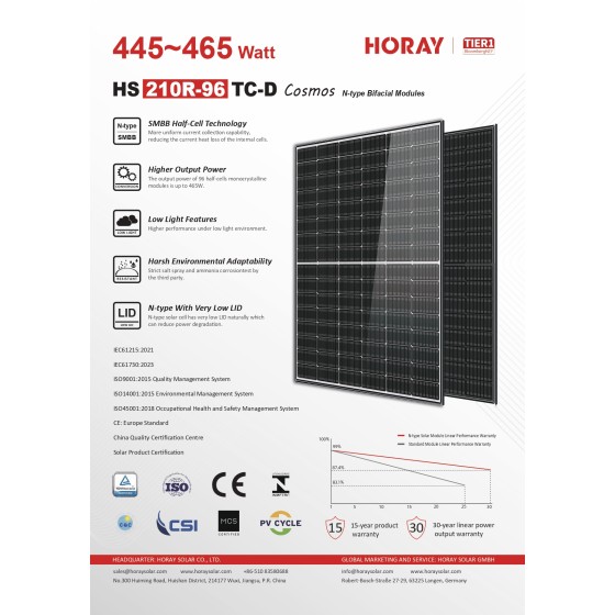 Panneau solaire bifacial N-Type 460 W – Horay Solar Cosmos HS210R-96TC-D