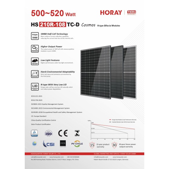 Panneau solaire bifacial N-Type 520 W – Horay Solar Cosmos HS210R-108TC-D