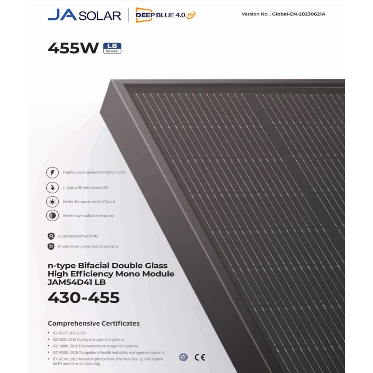 Palette de 36 panneaux solaires JA Solar 455W bifaciaux double verre N-Type