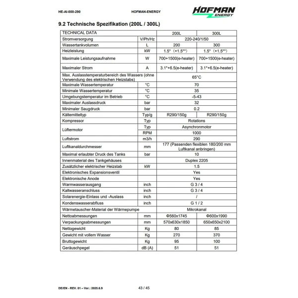 Chauffe-eau thermodynamique AVARMA 190 avec commande intelligente WLAN, R290, 200-300L, 1,5kW, 1-2 registres, 230V - V01