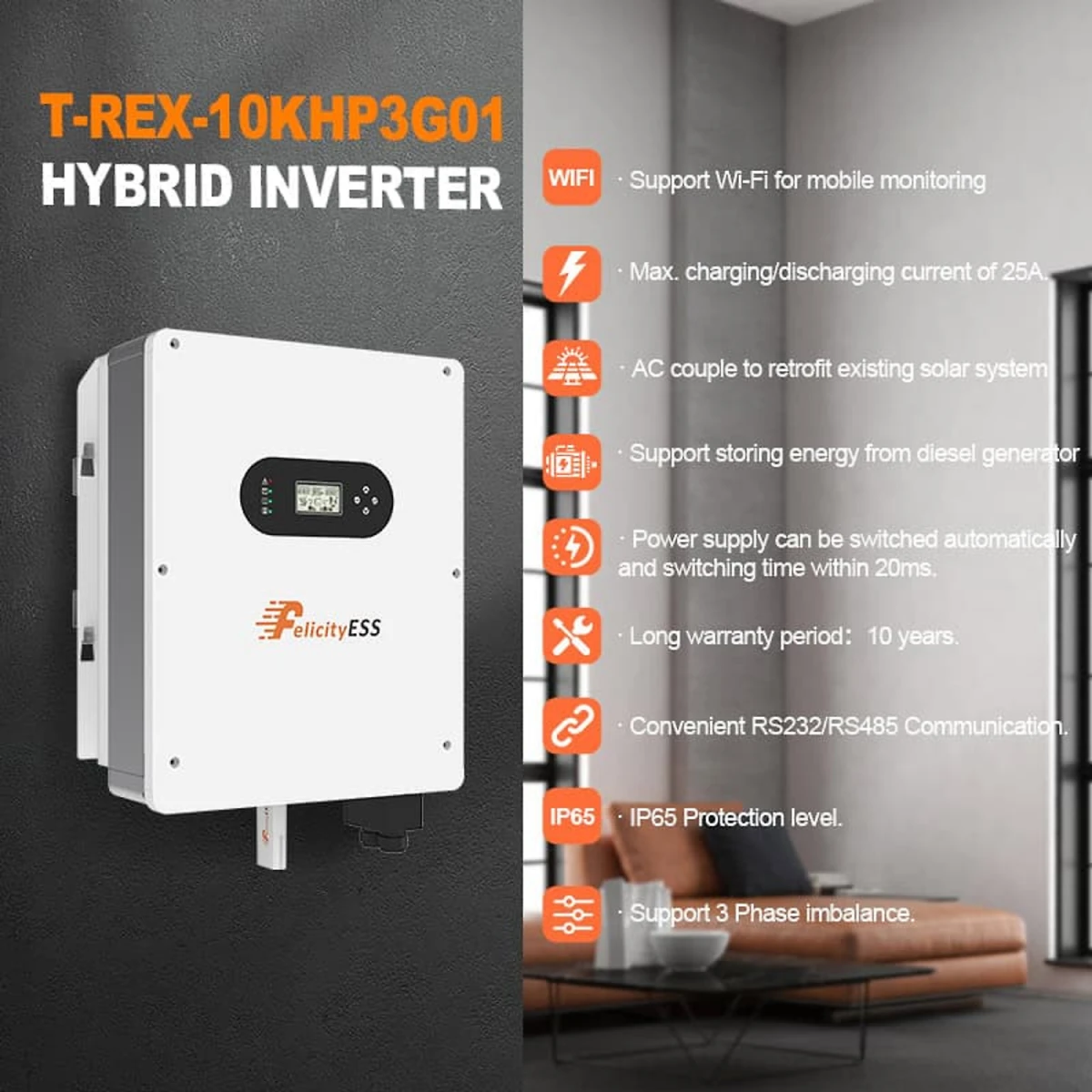 T-REX-10KHP3G01 – 10 kW - Onduleur hybride haute tension (triphasé, on/off-grid, secours)- Felicity Solar