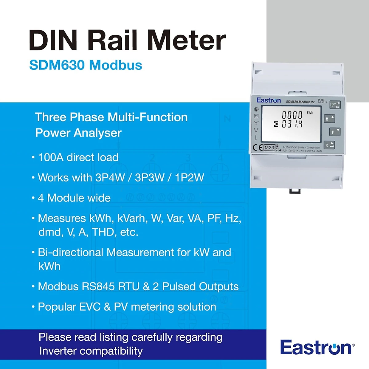 Compteur intelligent triphasé 100A Modbus-RTU RS485 | Eastron SDM630