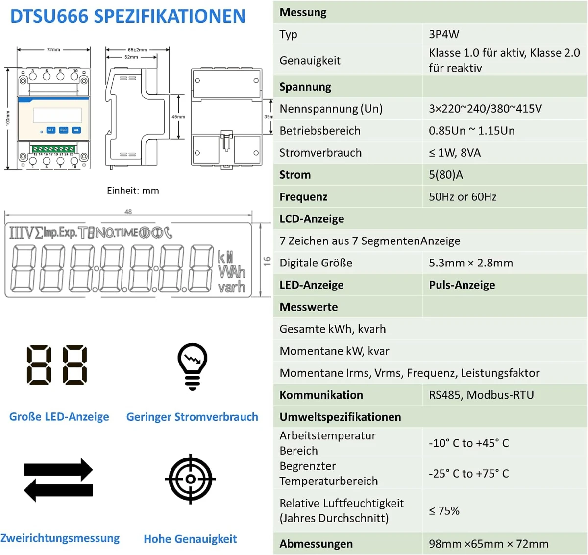 Compteur intelligent CHINT DTSU666 Modbus triphasé basé sur CT 30(100)A RS485