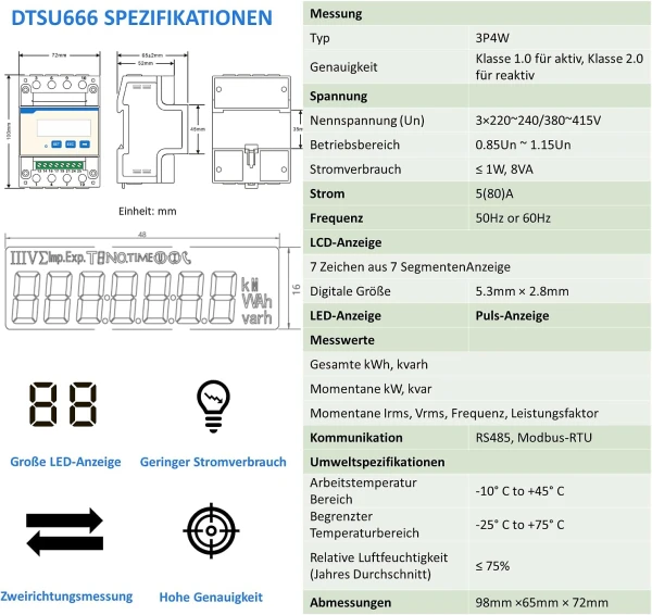 Compteur intelligent CHINT DTSU666 Modbus triphasé basé sur CT 30(100)A RS485