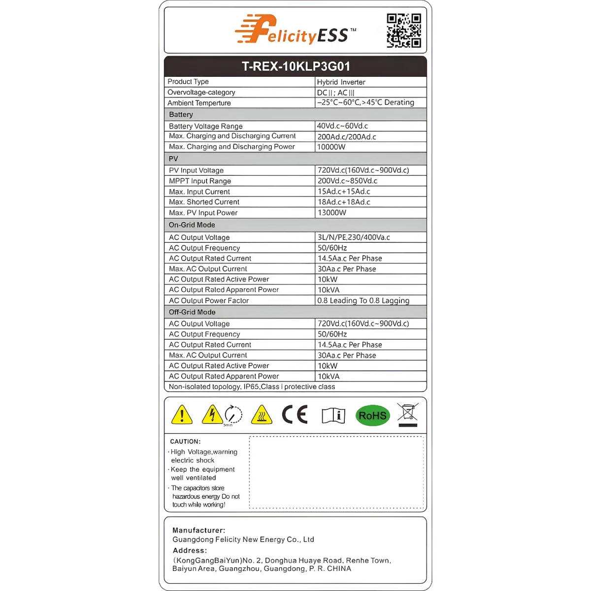 Inverter ibrido a bassa tensione Felicity Solar T-REX-10KLP3G01 10kW trifase