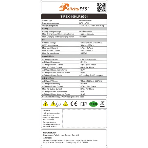 Inverter ibrido a bassa tensione Felicity Solar T-REX-10KLP3G01 10kW trifase